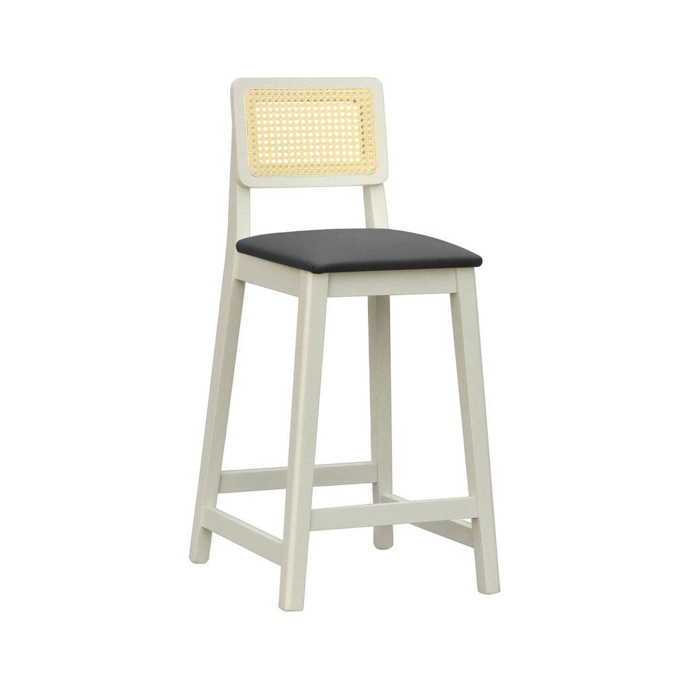 Banqueta Gabi 68cm Altura Madeira Maciça Encosto Telinha Assento Estofado Sintético Off White/Preto