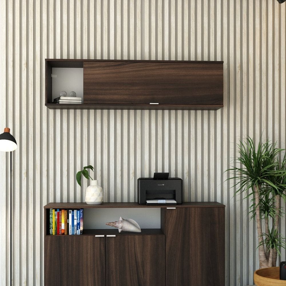 Armário Aéreo com Nicho e Porta Basculante 35x135x35cm Lamina Mel/Branco