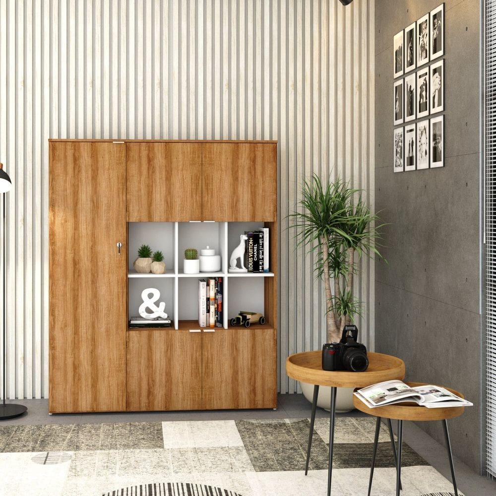 Armário Alto com Nichos e 05 Portas 161,5x135x42cm Lamina Mel/Branco
