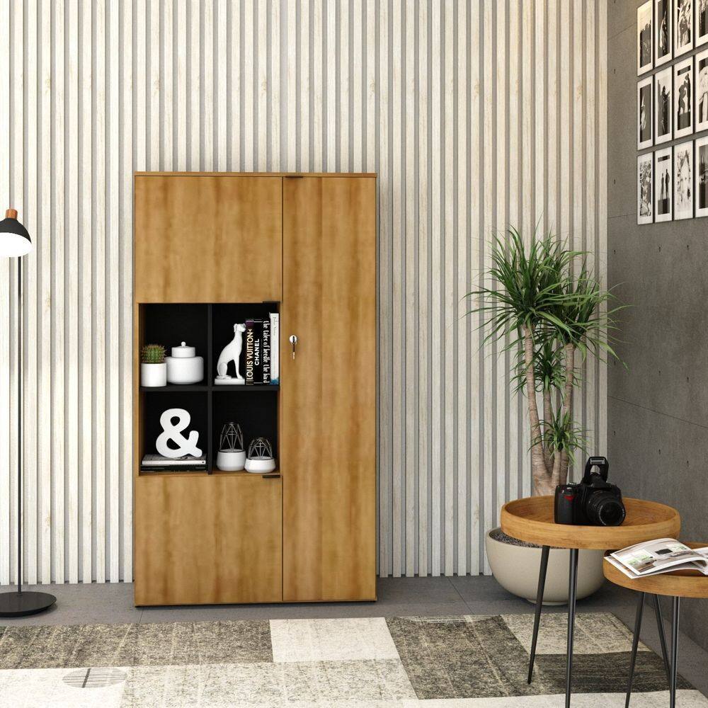 Armário Alto com Nicho e 03 Portas 161,5x90x42cm Lamina Mel/Preto