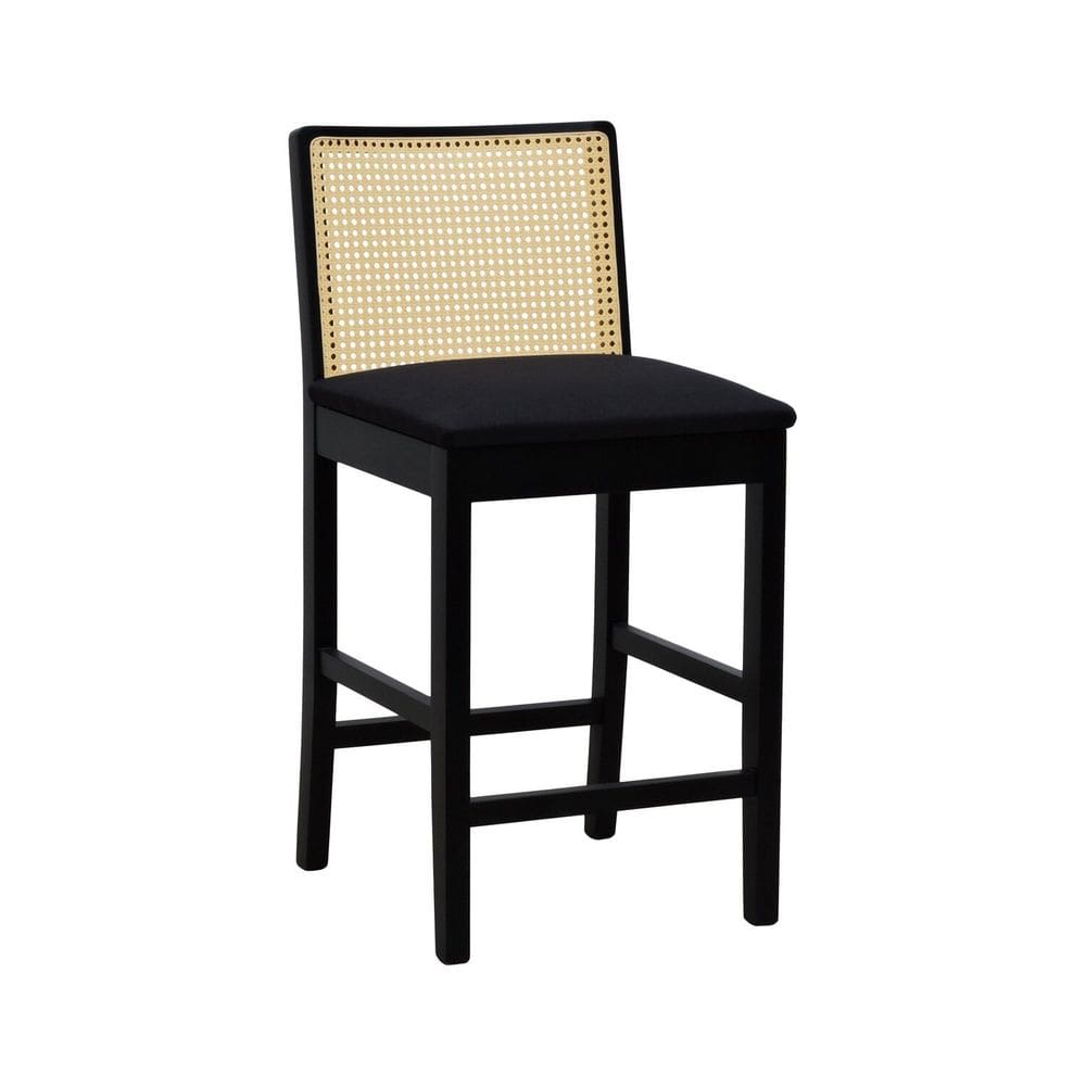 Banqueta Média Pérola com 62cm Altura Madeira Maciça Encosto Telinha Assento Estofado Linho  Textura Preto