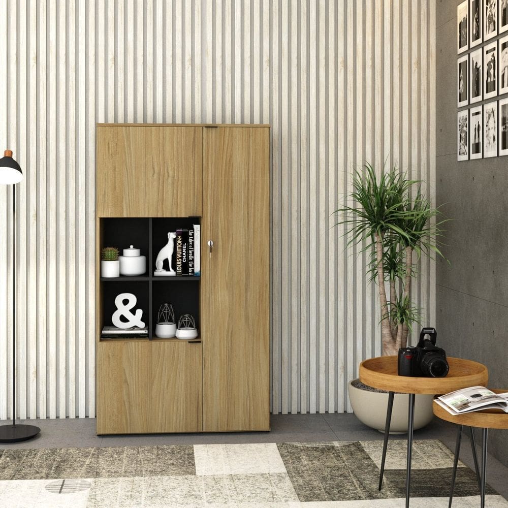 Armário Alto com Nicho e 3 Portas 161,5cm x 90cm x 42cm Preto/Vermont Oak