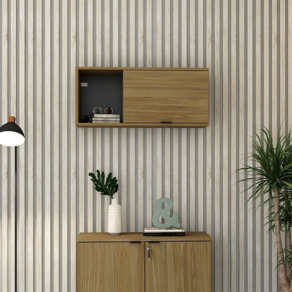 Armário Aéreo com Nicho e Porta Basculante 35cm x 80cm x 35cm Vermont Oak / Preto