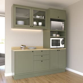 Cozinha Compacta Com Vidro 3 Peças 6 Portas 3 Gavetas Sevilha Verde Hill / Carvalho Marrom