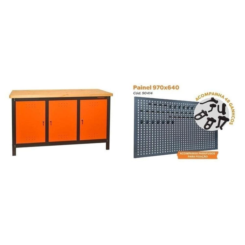 Conjunto de Organização Profissional 1 Bancada Aberta 150cm 1 Painel para Ferramentas em Aço Preto