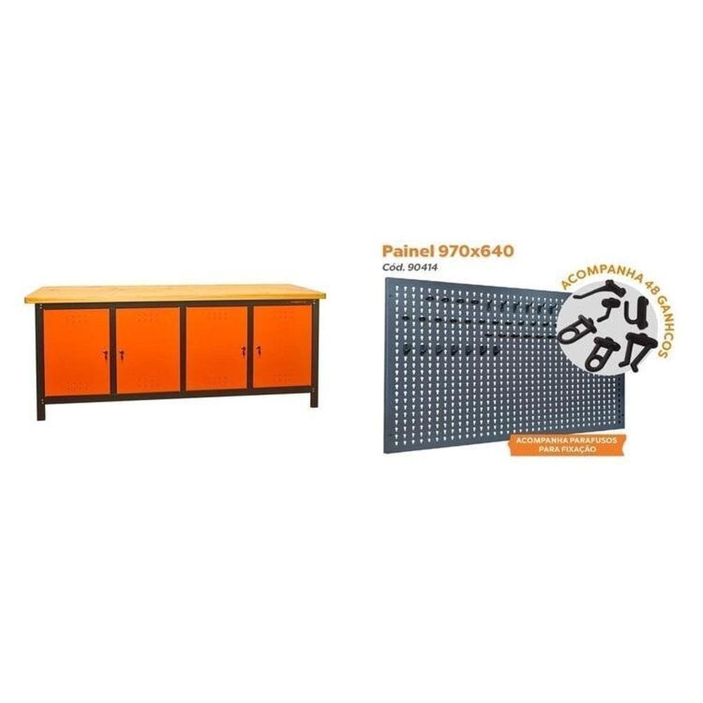 Conjunto de Organização Profissional 1 Bancada Aberta 200cm 1 Painel para Ferramentas em Aço Preto