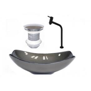 Cuba de Vidro Oval Chanfrada 46cm com Válvula e Torneira Metal Grafite