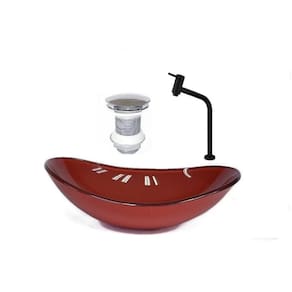 Cuba De Vidro Oval 55cm  + Valvula + Torneira Vermelho Ferrari