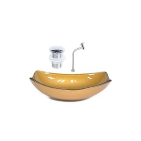 Cuba de Vidro Oval Chanfrada 51cm + Valvula Click + Torneira Metal Dourado Real