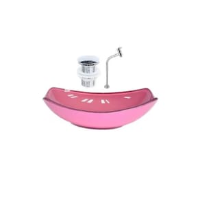 Cuba de Vidro Oval Chanfrada 51cm + Valvula Click + Torneira Metal Rosa