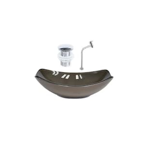 Cuba de Vidro Oval Chanfrada 46cm + Valvula Click + Torneira Metal Marrom
