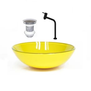 Cuba de Vidro Redonda 42cm + Valvula + Torneira Amarelo