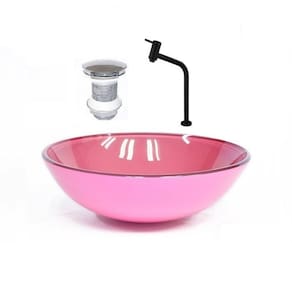 Cuba de Vidro Redonda 35cm + Valvula + Torneira Rosa