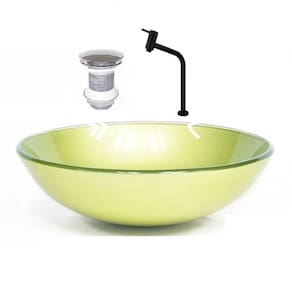 Cuba de Vidro Redonda 35cm + Valvula + Torneira Verde Oliva
