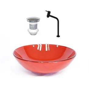 Cuba de Vidro Redonda 35cm + Valvula + Torneira Vermelho Ferrari