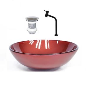 Cuba de Vidro Redonda 42cm + Valvula + Torneira Vermelho Cereja