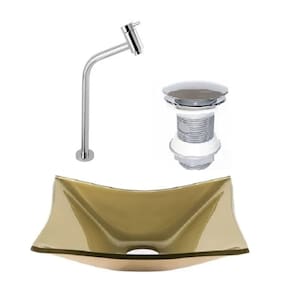 Cuba de Vidro Retangular 39cm + Valvula Click + Torneira Champanhe