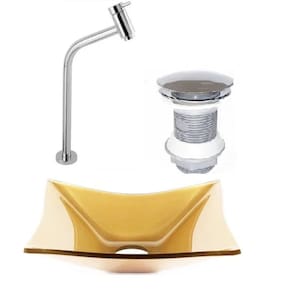 Cuba de Vidro Retangular 39cm + Valvula Click + Torneira Dourado Real