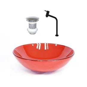 Cuba de Vidro Redonda 42cm + Valvula + Torneira Vermelho Ferrari