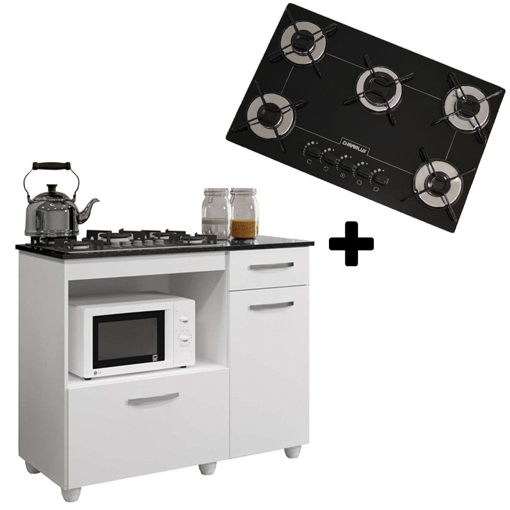 Kit Balcão para Cooktop Violeta Cor Branca com Fogão Cooktop 5 Bocas Ultrachama Preto