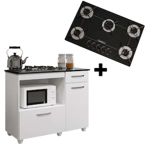 Kit Balcão para Cooktop Violeta Cor Branca com Fogão Cooktop 5 Bocas Ultrachama Preto