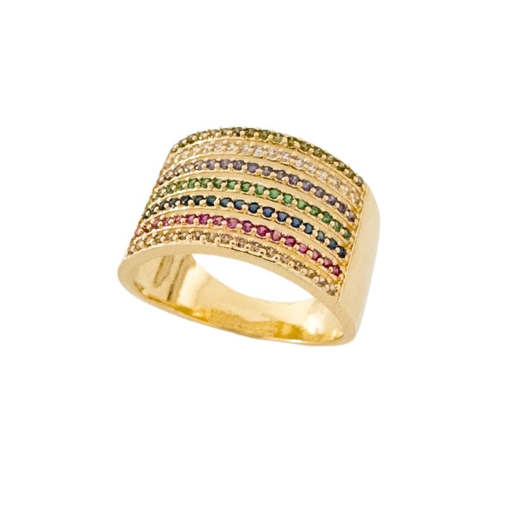 Anel Fileiras Microzircônias Coloridas Banhado a Ouro