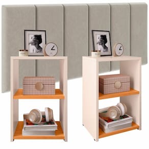 Jogo Quarto 2 Mesas Pequena Bella Retrô Off/Cinamomo Cabeceira Suspensa Júlia 1,95 Cama Box Casal King Size Bege Suede - RPM