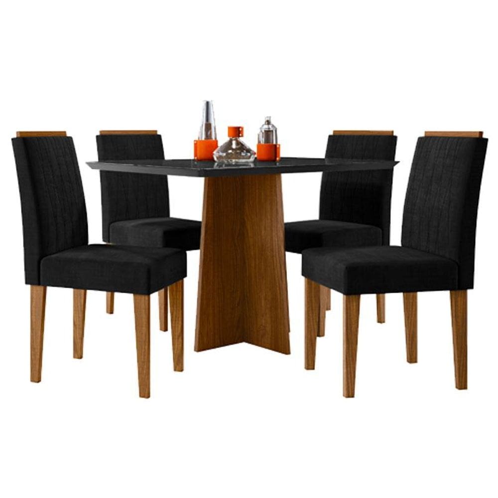 Mesa de Jantar Anitta 120x80 cm com Vidro Ype Preto e 4 Cadeiras Ana Veludo Preto - New Ceval