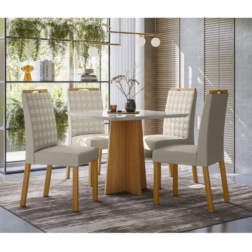 Mesa de Jantar Ambiente Anitta 90x90 cm com Vidro Ype Off White e 4 Cadeiras Mariana Ype Veludo Nude - New Ceval