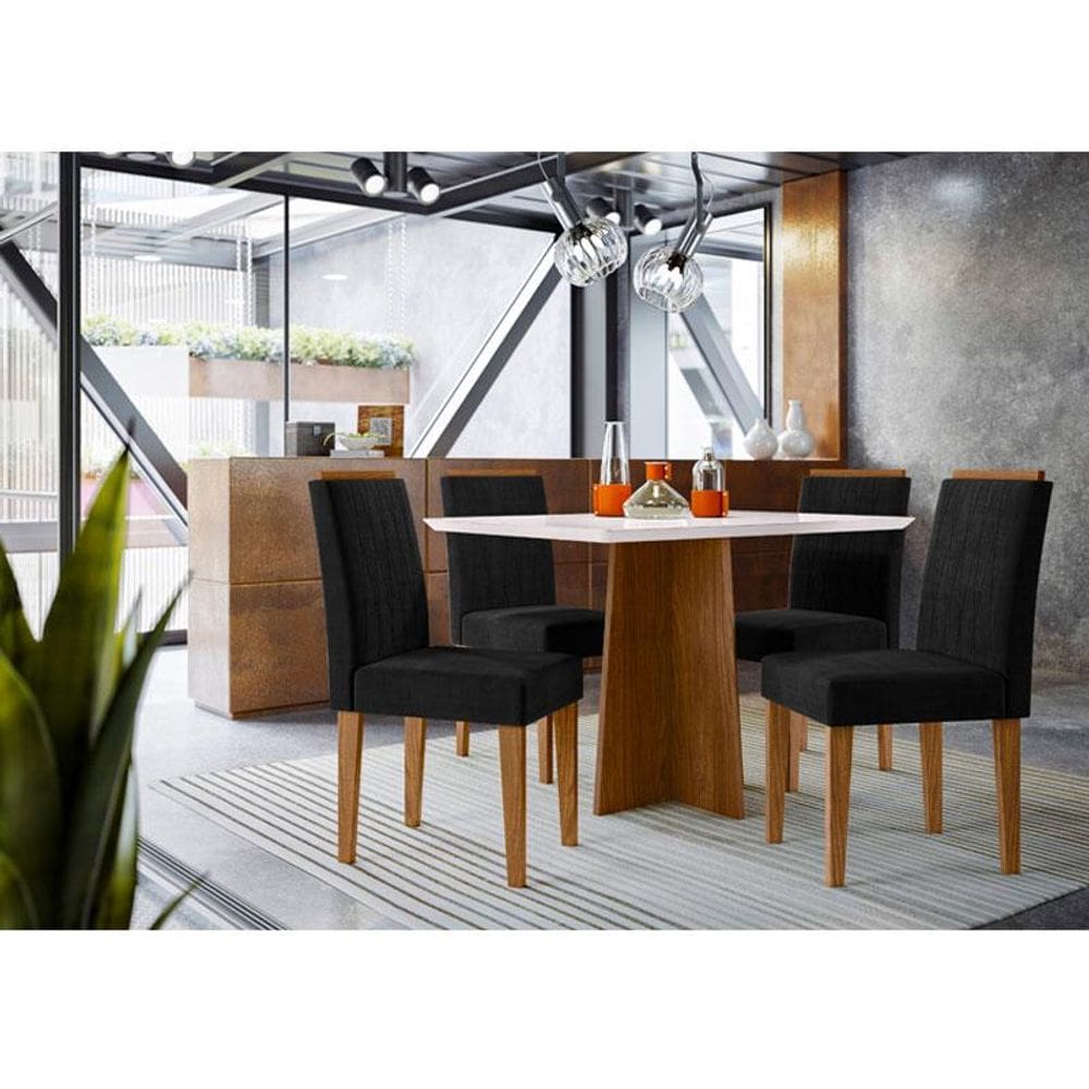 Mesa de Jantar Ambiente Anitta 120x80 cm com Vidro Ype Off White e 4 Cadeiras Ana Veludo Preto - New Ceval
