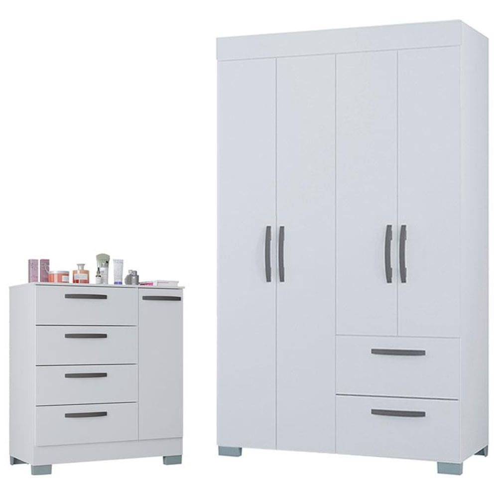 Cômoda 868 4 Gavetas e 1 Porta com Guarda Roupa Solteiro Tóquio 4 Portas Branco Brilho - Poquema