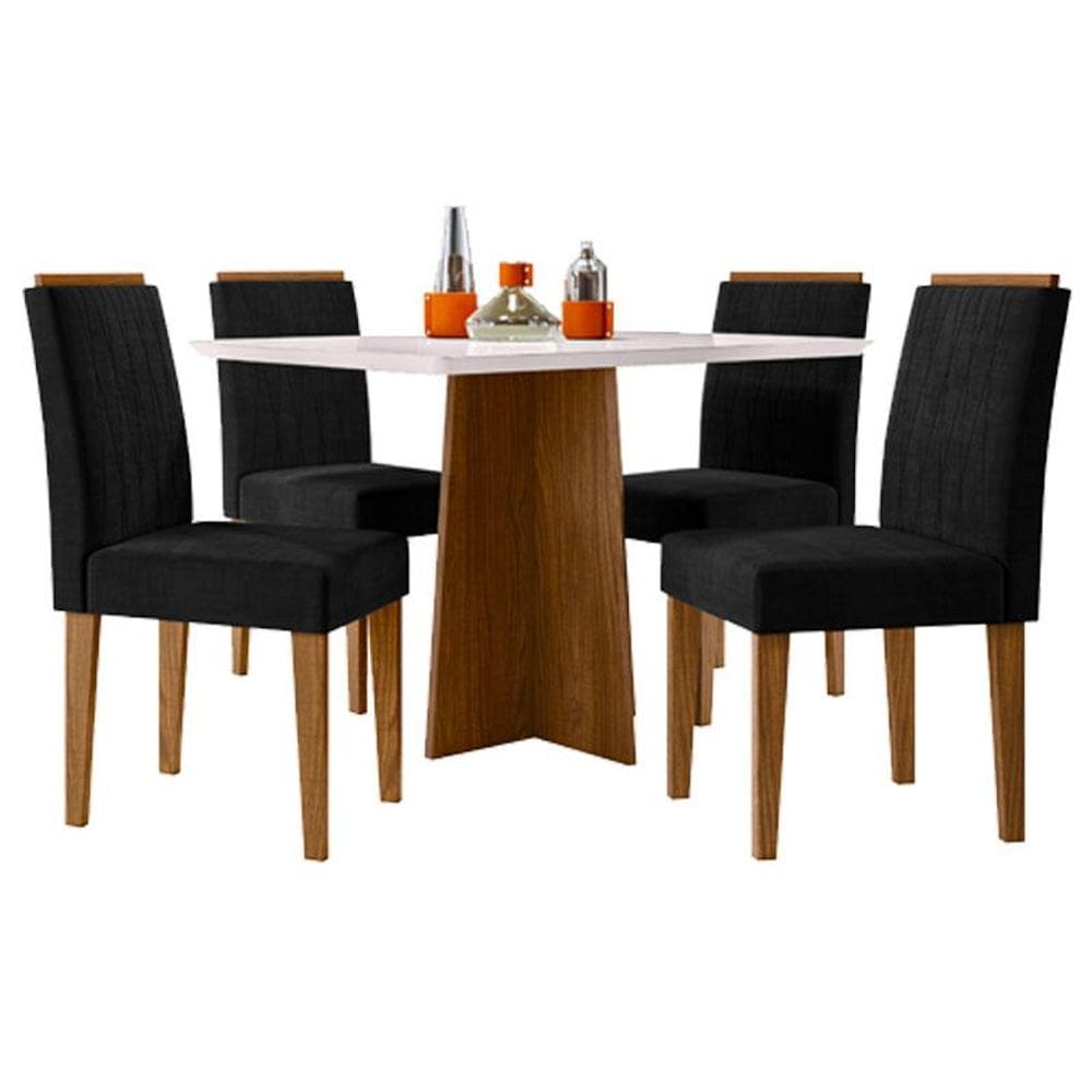 Mesa de Jantar Anitta 120x80 cm com Vidro Ype Off White e 4 Cadeiras Ana Ype Veludo Preto - New Ceval