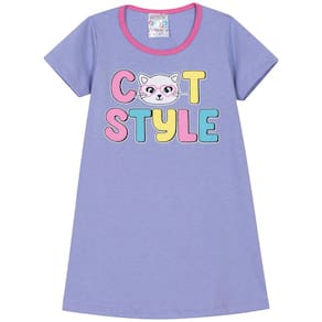 Vestido Manga Curta Lilás Estampa Divertida Menina Gatinha