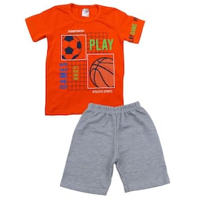 Conjunto Camiseta Laranja Bermuda Cinza Menino Futebol Verão