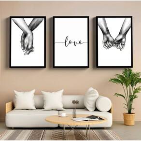 Quadro Decorativo Trio Love Mãos Dadas Preto/Branco 3 Peças