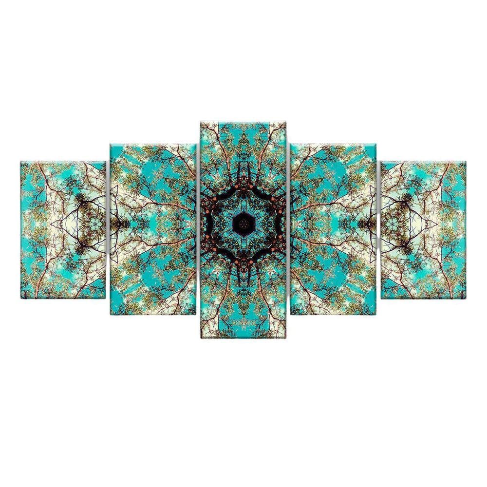 Quadro Decorativo Mandala Fractal Azul 129X61 5 Peças