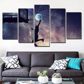 Quadros Decorativos 5 Peças Basquete Jogador Lua Noite