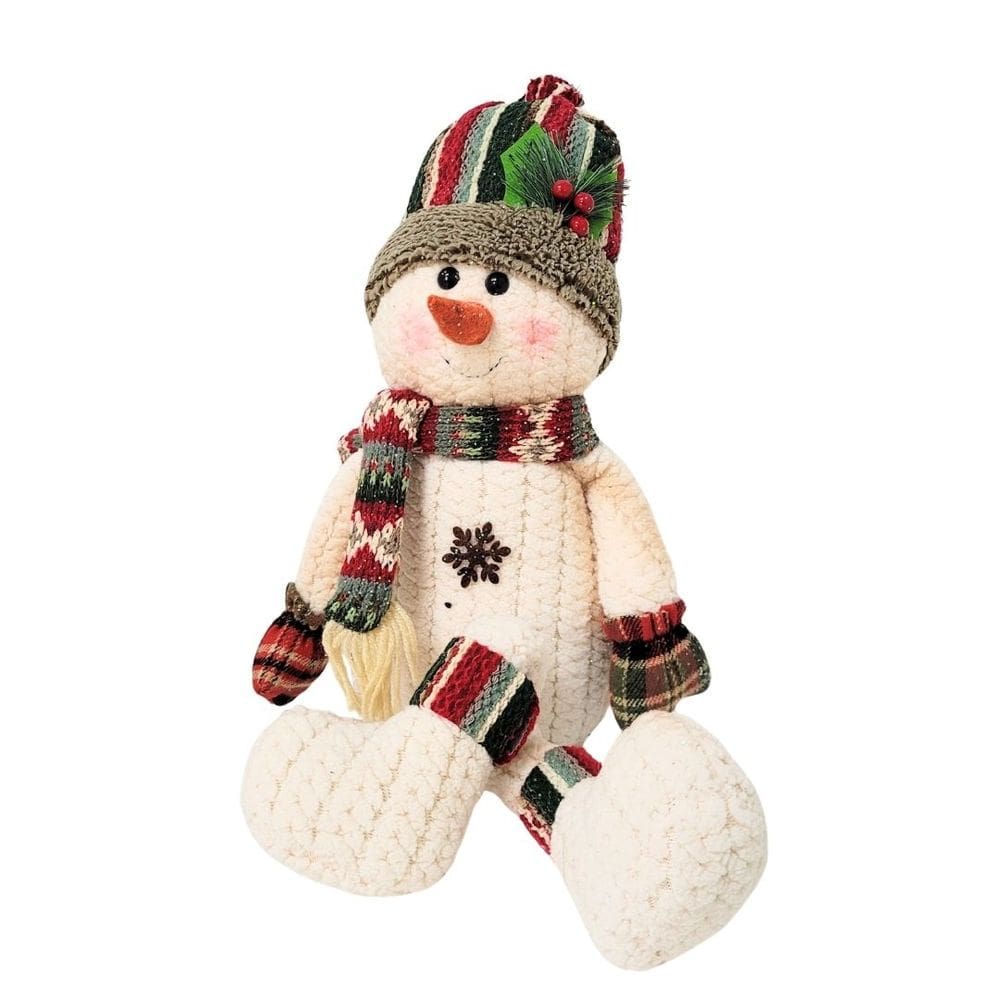Boneco de Neve Decorativo Sentado 58cm Pelúcia Felpuda Cachecol Crochê - E Christmas