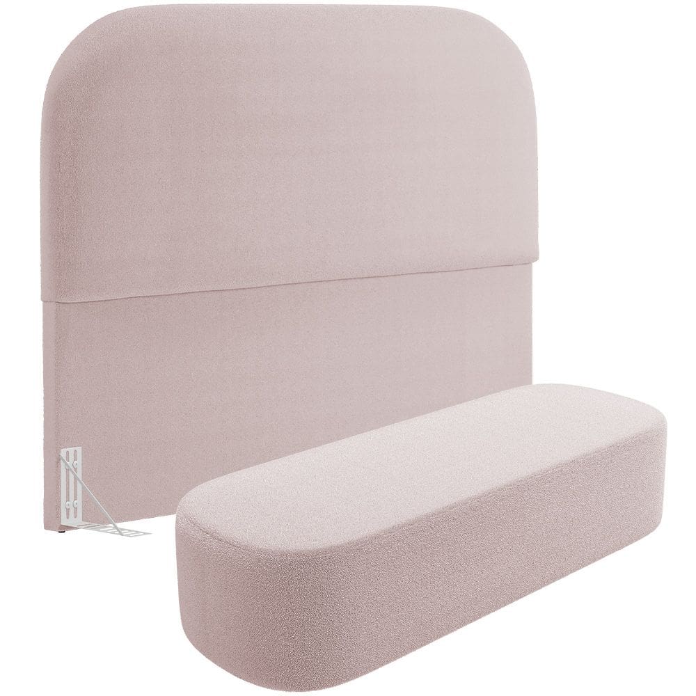 Cabeceira Cama Box Casal 140cm Lanna com Puff Recamier Doha W01  Bouclê Rosê - Lyam Decor