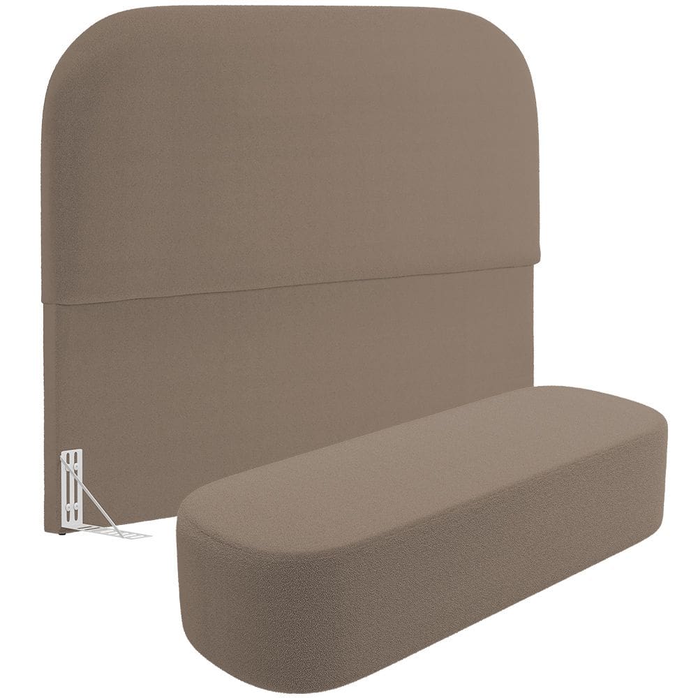 Cabeceira Cama Box Queen 160cm Lanna com Puff Recamier Doha W01 Bouclê Bege - Lyam Decor