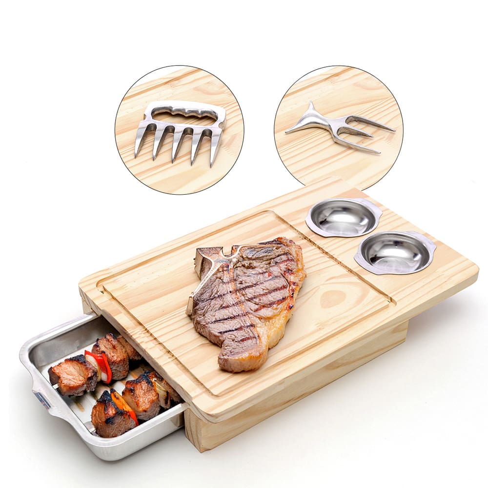 Kit Tábua Inteligente Carne Churrasco Madeira C/ Gaveta 2 Potes + Garra de urso + Tridente