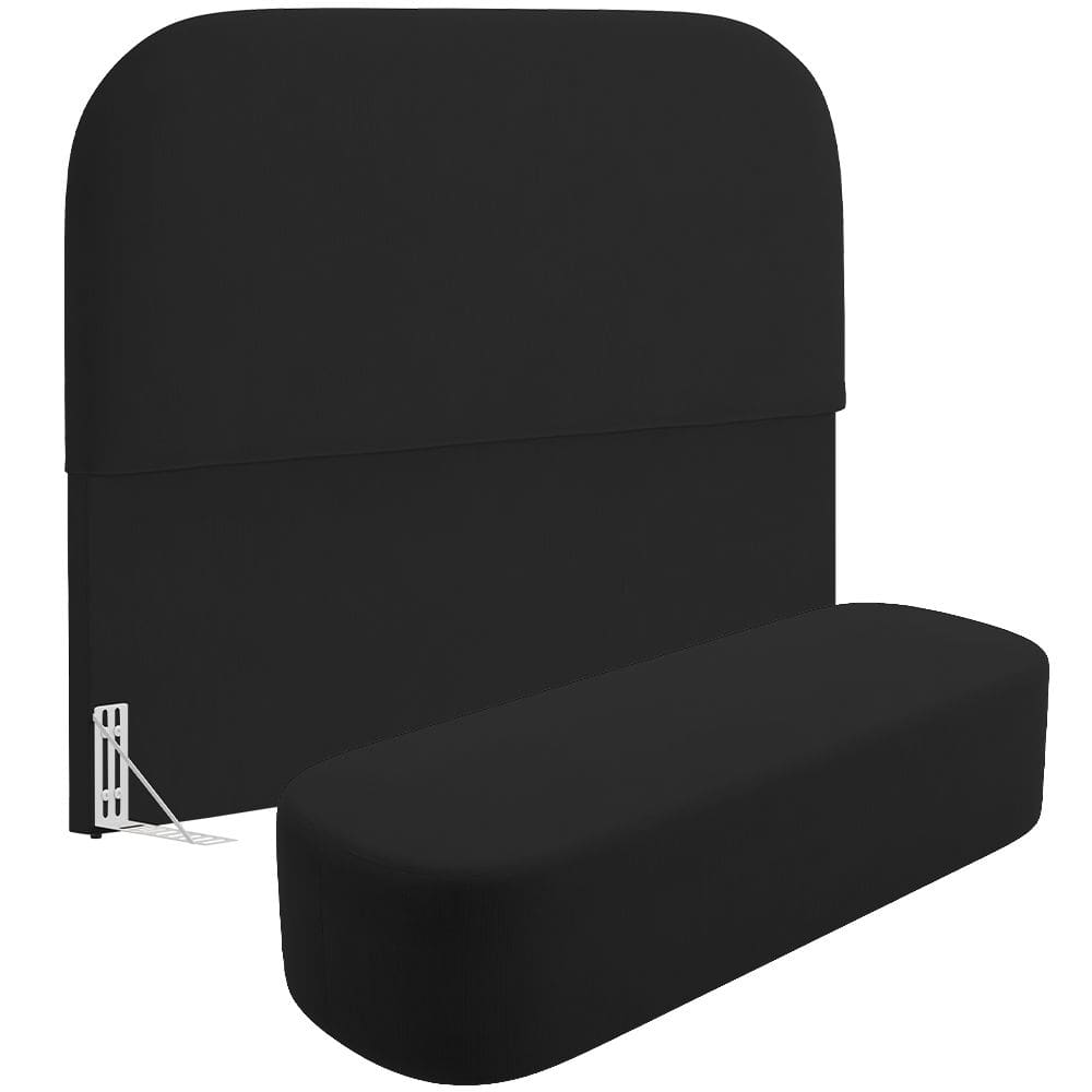 Cabeceira Cama Box King 195cm Lanna com Puff Recamier Doha W01  Suede Preto - Lyam Decor