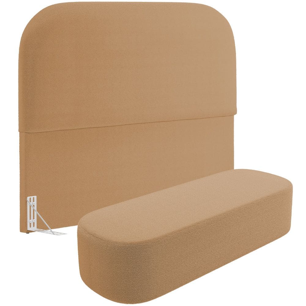 Cabeceira Cama Box Queen 160cm Lanna com Puff Recamier Doha W01  Bouclê Mostarda - Lyam Decor