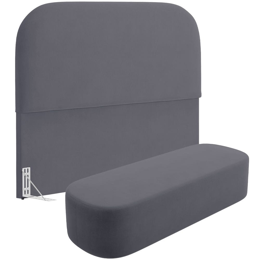 Cabeceira Cama Box King 195cm Lanna com Puff Recamier Doha W01  Suede Cinza - Lyam Decor