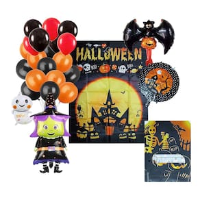 Kit Decoração Festa Halloween: Painel Mesa + 4 Balões Metalizados + 50 Bexigas + 1 Toalha Mesa Temática Metalizada