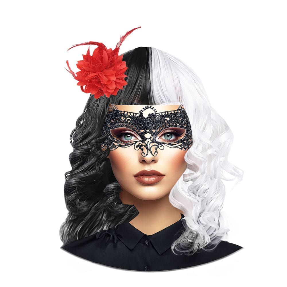 Peruca Cosplay Preta e Branca com Franja + Máscara de Renda + Flor Cabelo Broche