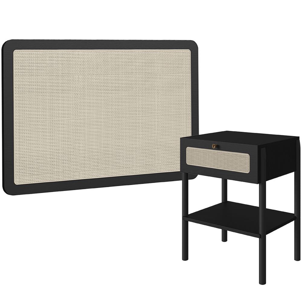 Cabeceira Solteiro 90cm e 1 Mesa Lateral 1 Gaveta Madeira Moss A03 Nero Preto- Lyam Decor