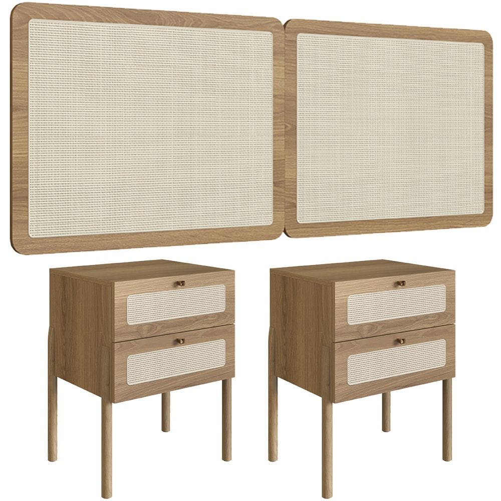Cabeceira Casal Queen 160cm e 2 Mesas Laterais 2 Gavetas Madeira Moss A03 Hanover Roble - Lyam Decor