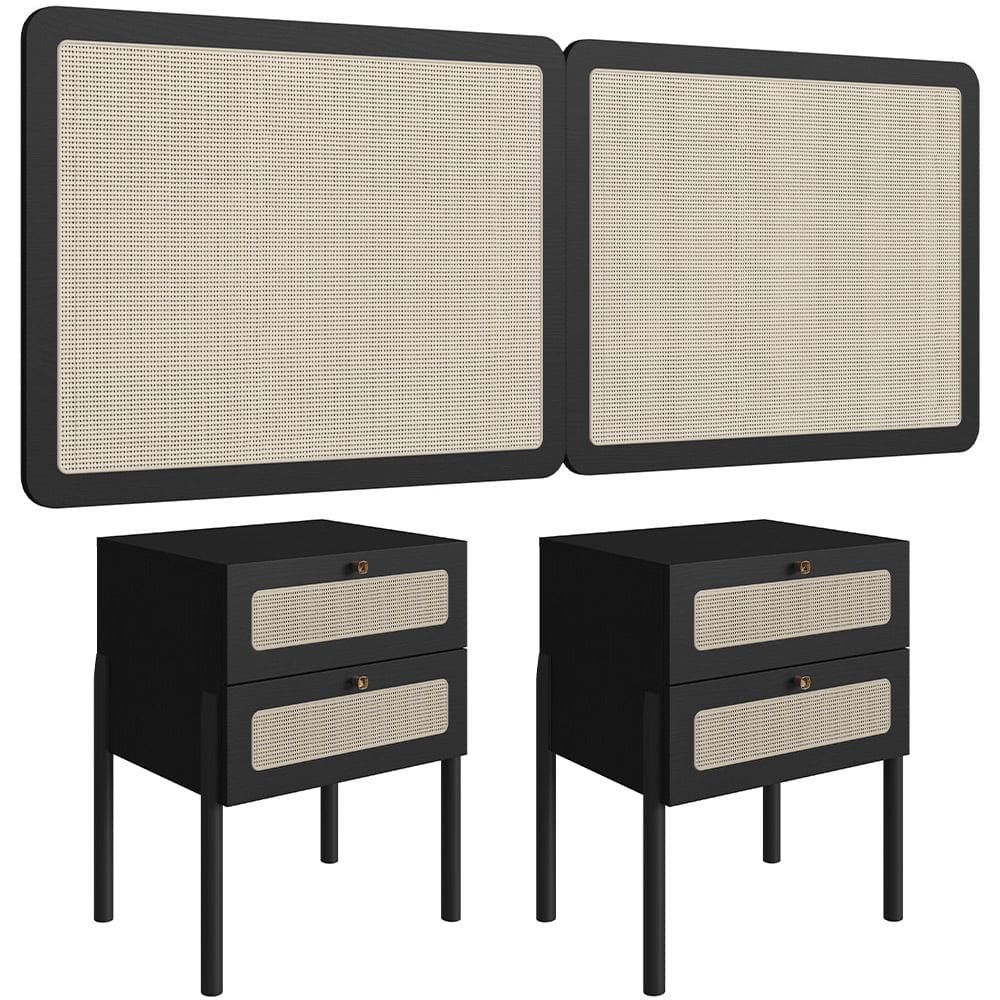 Cabeceira Casal Queen 160cm e 2 Mesas Laterais 2 Gavetas Madeira Moss A03 Nero Preto- Lyam Decor