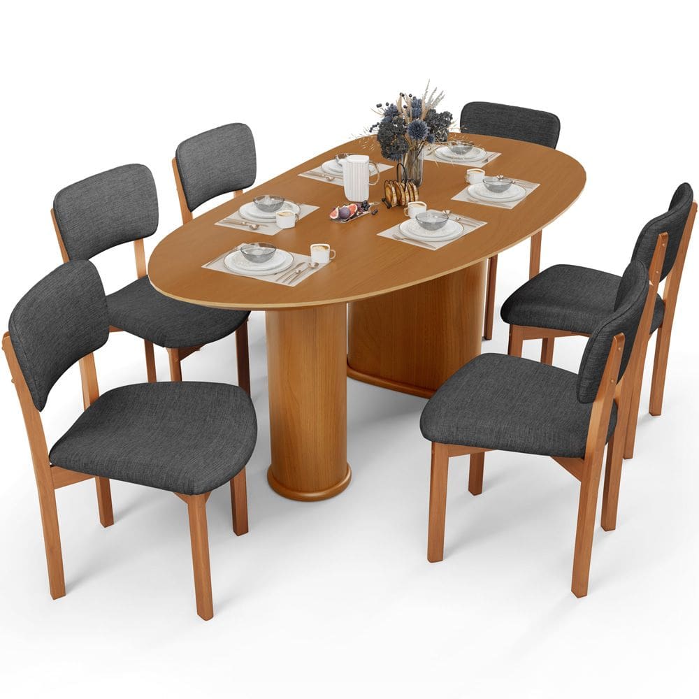 Mesa Para Sala de Jantar Ourense com 06 Cadeiras Sala de Jantar Dara L02 Linho Cinza Escuro - Lyam Decor